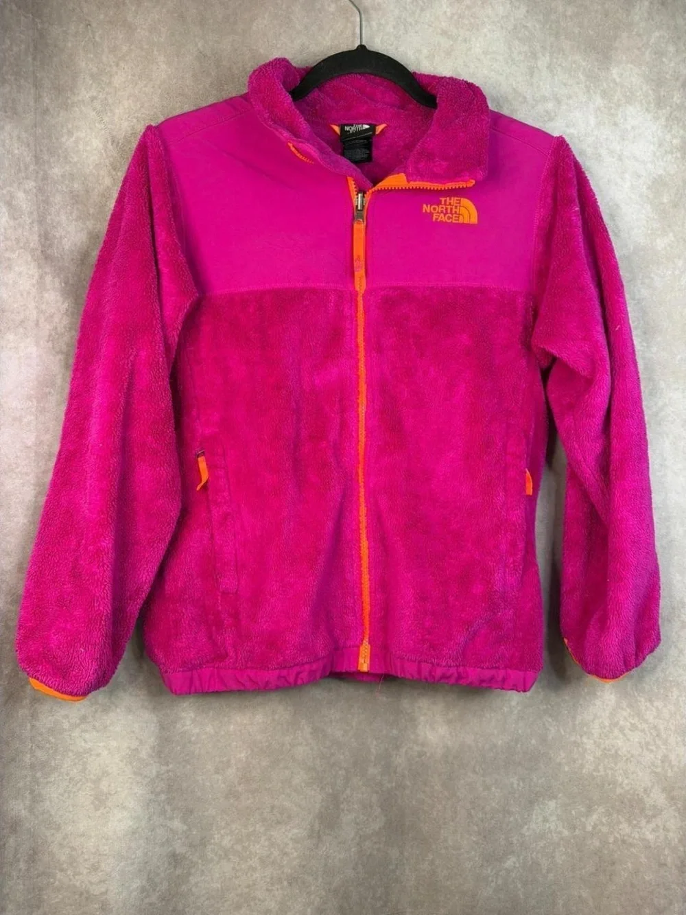 The North Face Plush Fleece Jacket in Hot Pink with Orange Trim